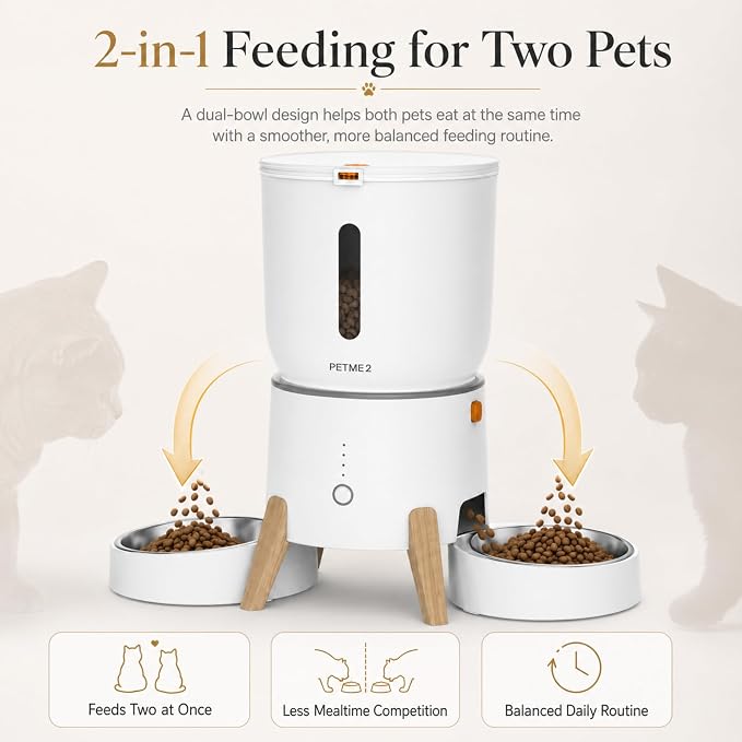 Dual Bowl Automatic Cat Feeder - 5L WiFi Smart Elevated Cat Feeding Station with App Control, Voice Recording, Dual Power Options, Stainless Steel Cat Bowls & Anti-Jam Technology for Small Dogs
