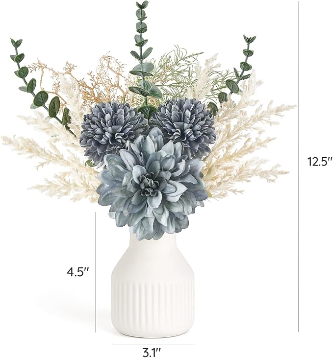 Mkono Fake Flowers in Ceramic Vase, 12.5" Coffee Table Centerpieces, Blue | Table Decor with vase, Small Silk Faux Artificial Flower Arrangements, Fits Bathroom Dining Room Kitchen Home Indoor Decor
