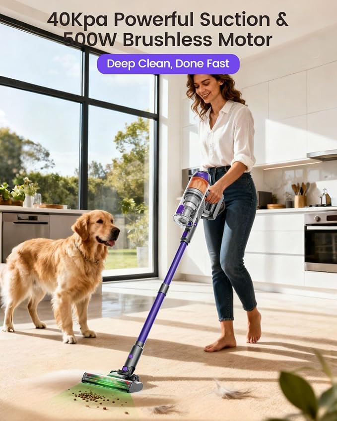 Cordless Vacuum Cleaner, 500W 40KPa 60Mins Vacuum Cleaners for Home, Anti-Tangle Rechargeable Vacuum with Green Light Wireless Vacumm for Pet Hair/Carpet/Hardwood Floor Purple
