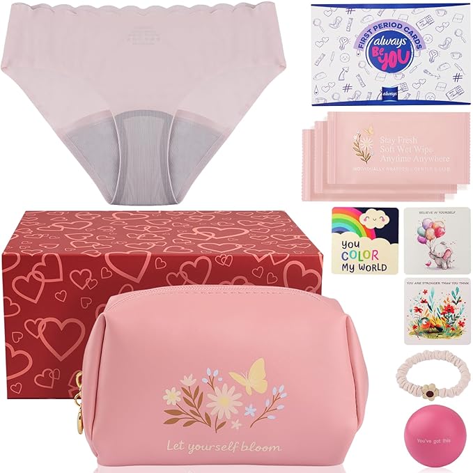 First Period Kit for Girls 9-12.Tween Period Starter Kit with spare Underwear, Educational Guide & Card in Gift Box - Thoughtful Puberty Gift (S)