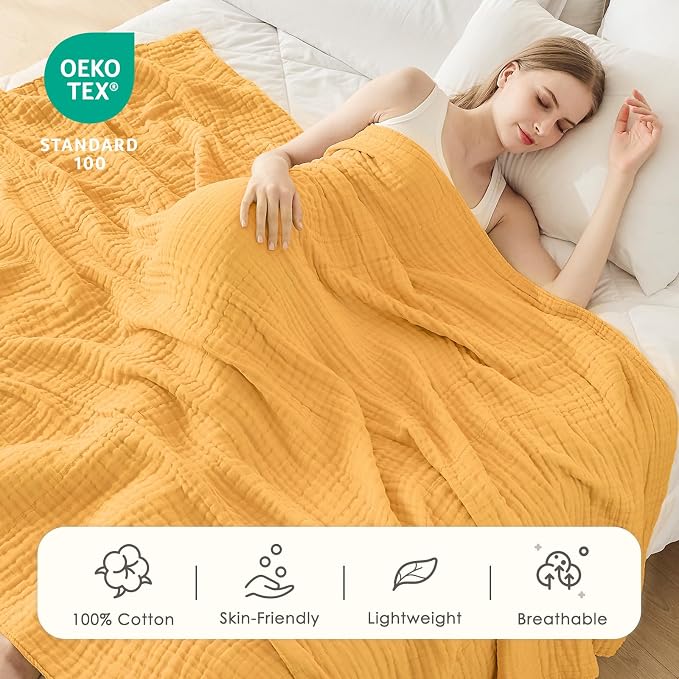 EMME Cotton Muslin Large Throw Blanket Couch Breathable Gauze Soft Lightweight Bed Blankets Adults (Heather Yellow, 50"x70")