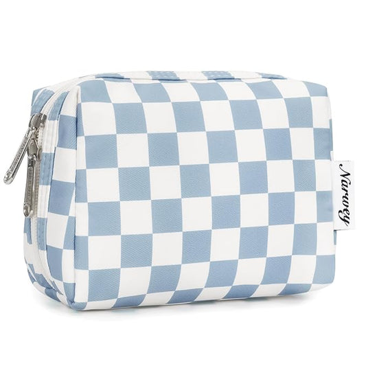 Narwey Small Checkered Makeup Bag for Purse Mini Cosmetic Bag Travel Makeup Pouch Zipper Pouch Cute Make up Bags with Compartments for Women Girls (Small, Sky Blue Checkerboard)