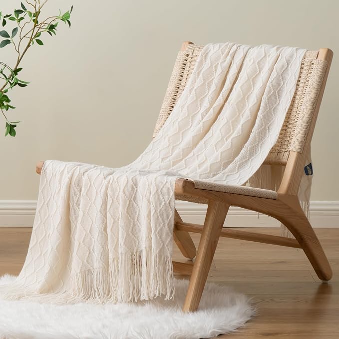 BATTILO HOME Ivory White Throw Blankets for Couch, Off White Lightweight Decorative Blankets and Throws, Boho Warm Knit Blanket for Men and Women, 50"x60"
