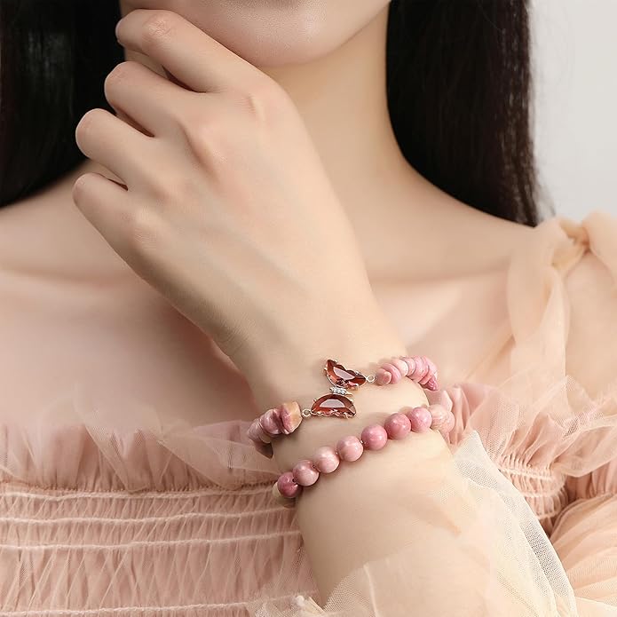 DUQGUHO 2Pcs Butterfly Bracelets for Women Healing Crystals Bracelets for Women Natural Gemstone Bead Bracelet Cute Butterfly Charm Bracelet Stretch 8mm Crystal Jewelry Gifts for Women
