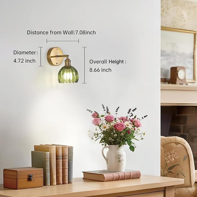 Shenmoyl Battery Operated Vintage Wall Sconces with Green Tulip Glass Lampshade Battery Powered Wall Lighting for Bedside Bedroom Doorway, Set of 2