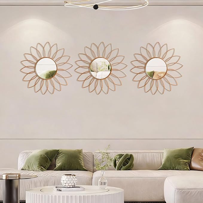 3 Pack Metal Mirrors for Wall Sunburst Wall Mirrors Home Décor Decorative Hanging Wall Art for Living Room Bedroom Entryway (Rose Gold2, Flowers)