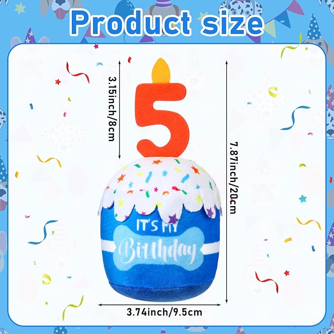 Dansydaisy Dog Birthday Cake Toy Squeaky Plush Gift,5th,Blue