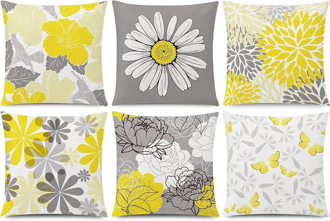 COMMINY Yellow Gray Linen Pillow Covers 18x18 Set 6 Farmhouse Throw Cover | Daisy Dhalia Cushion Cover, Standard Throw Pillow Size, Breathable Linen, Couch Sofa Bedroom, Fall Summer Decor