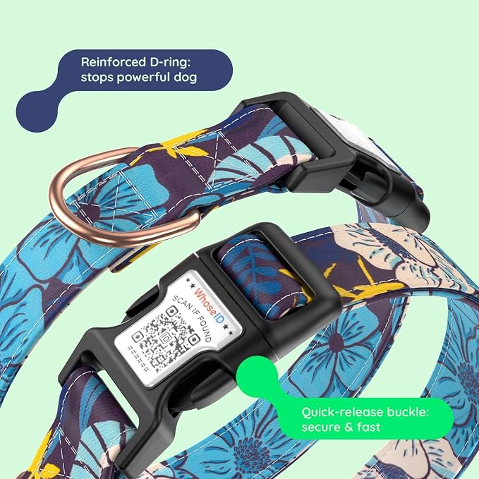 Airtag Dog Collar,with Waterproof airtag Holder，Original Stylish Cute Pattern Design.QR Code ID Buckle，Comfortable Soft Cotton for Small Medium Large Dogs