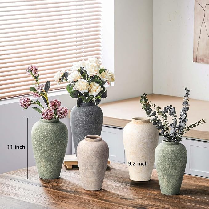 Ceramic Flower Vase Home Decor - 9.2 inch Large Farmhouse Table Vases, Rustic Decorative Vases for Kitchen Living Room Coffee Dining Shelf Mantel Decoration