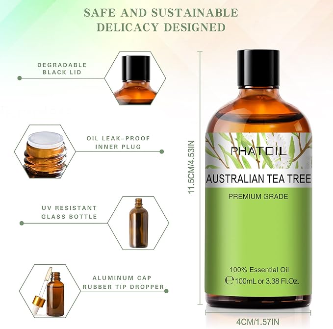 Australian Tea Tree 3.38fl.oz Essential Oil, PHATOIL Pure Aromatherapy Oils for Diffuser, Humidifier, Perfect for DIY Soap, Candle, Bath Bombs Making(100ml)