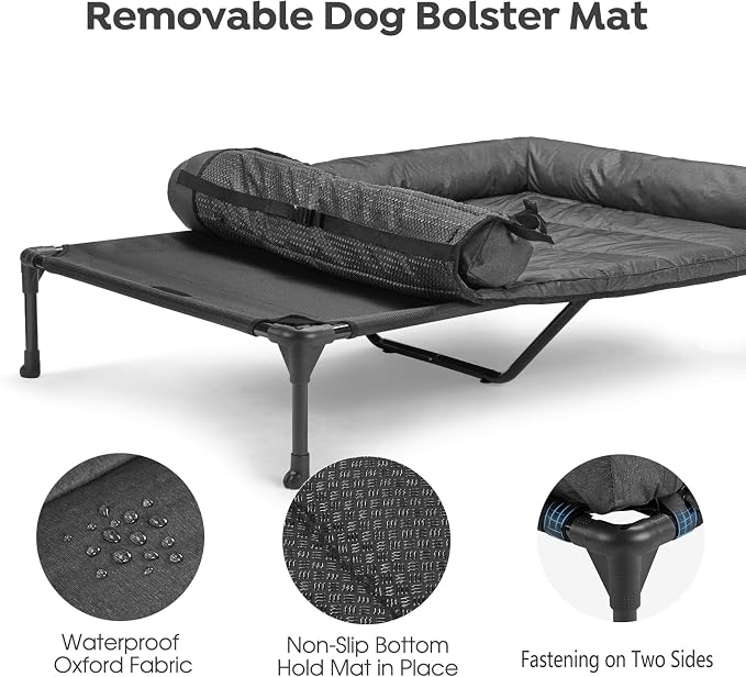 Veehoo Outdoor Elevated Dog Bed with Waterproof Bolster Cushion, Cooling | Raised Dog Bed with Removable & Washable Mat Topper, Breathable Mesh, Dog Couch Cot for Indoor Outdoor, 49", Large, Black
