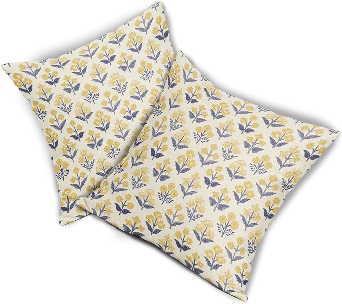 Navy Blue Yellow Floral Pillow Covers 22x22 Inch Set of 2, Vintage Flower Block Decorative Throw Pillowcases Outdoor Farmhouse Cushion Covers Spring Summer Rustic Decoration Sofa Couch Bed Decor