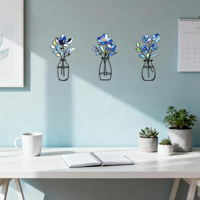 3 Pcs Metal Vase Wall Arts,Iron Art Painting,Rustic Farmhouse Decor Minimalist Flower Wall Decor for Bedroom Bathroom Living Room Dining Room(Blue, Vase-D)