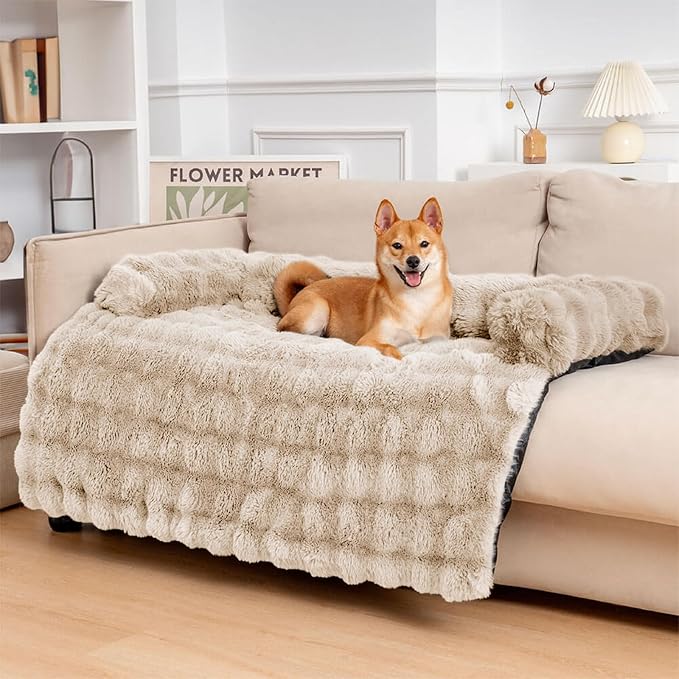 Dog Couch Bed, Calming Luxurious Large Pet Sofa Cover Washable | Comfort Dog Sofa Mat for Extra Large Dogs, Faux Rabbit Fur, Raised Protective Bolster, Non-slip Bottom, 47"×33.5"×6", Coffee