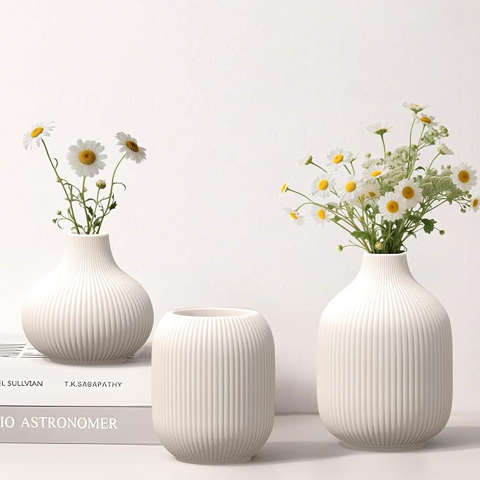 White Small Ceramic Vases Set of 3, Matte Vertical Ribbed, Minimalist for Pampas Dried & Fresh Flowers, Centerpiece for Living Room, Shelf, Entryway,Wedding,Office