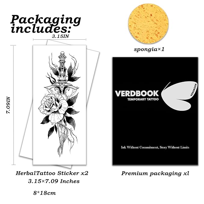 Waterproof Temporary Tattoos: 2-Sheet Tattoo Kit with Realistic Body Stickers, Semi-Permanent Tattoos for Adults Lasting 7-15 Days – Safe for Men & Women, Blade & Blossom