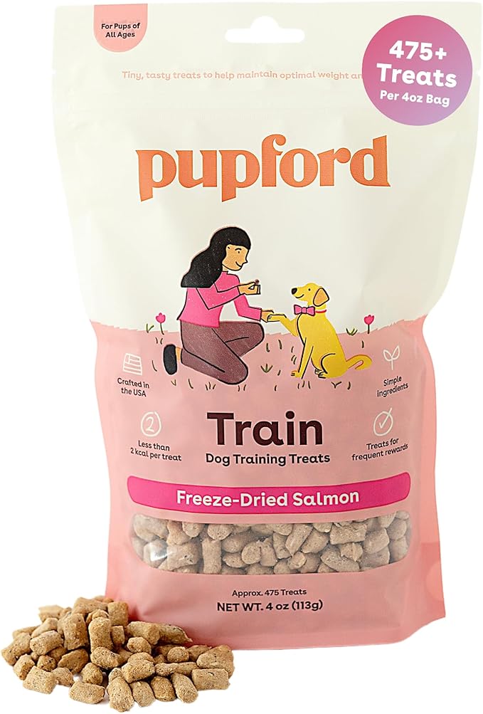 Pupford Freeze Dried Training Treats for Dogs & Puppies (Salmon, 4 oz) | 475+ treats per bag, Ultra low-calorie, Only 2 ingredients, All breed sizes, Mess free and bite sized, Trainer recommended