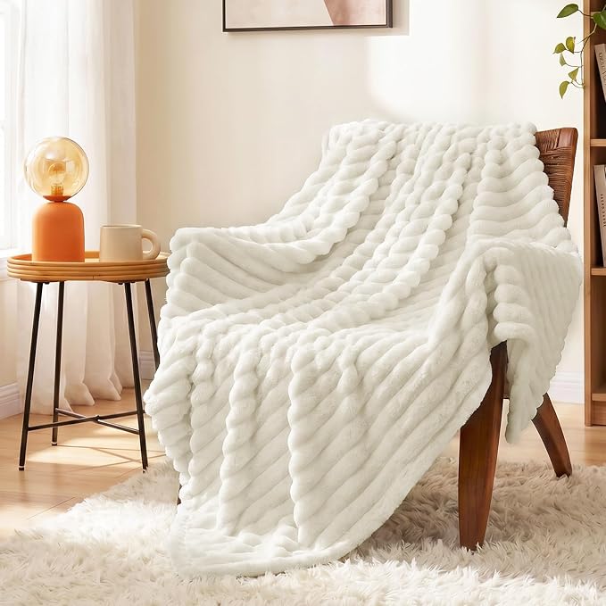 Cream White Twin Blanket for Bed & Couch, 60 x 80 Inch | 300GSM Ribbed Fleece Blanket, Soft, Cozy & Lightweight, OEKO-TEX Certified, All-Season Use for Travel, Dorm & Home Decor