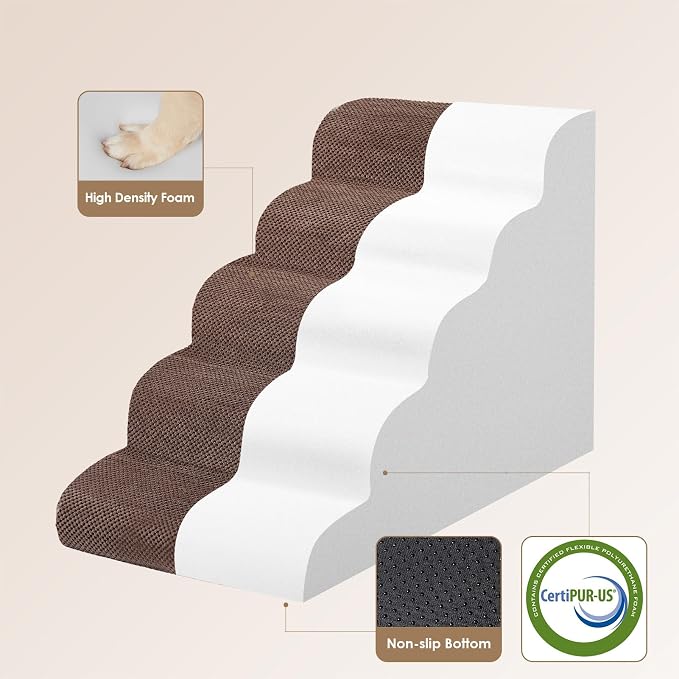 EHEYCIGA Curved Dog Stairs Ramp, 5-Step Extra Wide High Beds, Dog Steps | 33D density of pure foam, for Small Dogs and Cats, Pet Stairs for High Bed Climbing, Non-Slip Balanced Indoor, Brown