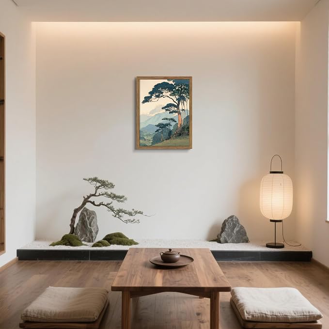 Vintage Japanese Forest Framed Canvas Wall Art – Tranquil Mountain Landscape Painting Print, Retro Nature Tree Scene Decor for Living Room Bedroom Nursery Office Home 16x24 inch