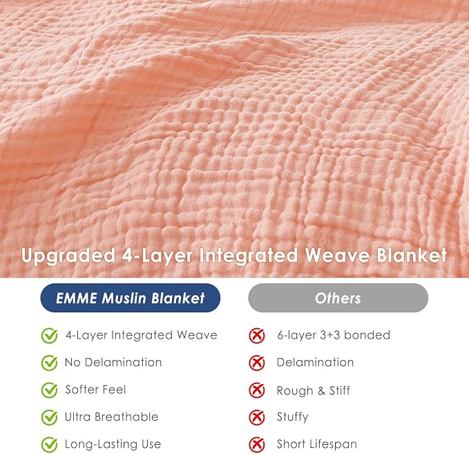 EMME Muslin Blankets for Adults Throw Blanket for Couch Breathable Gauze Soft Lightweight Airy Pink Queen 90" x 90"