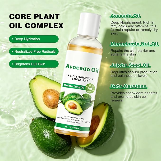 Avocado Oil for Face, Hair & Body - Natural Moisturizing Oil with Jojoba, Olive & Shea Butter - Brightens, Hydrates & Repairs Dry Skin, Damaged Hair - All Skin Types, 3.38 fl oz