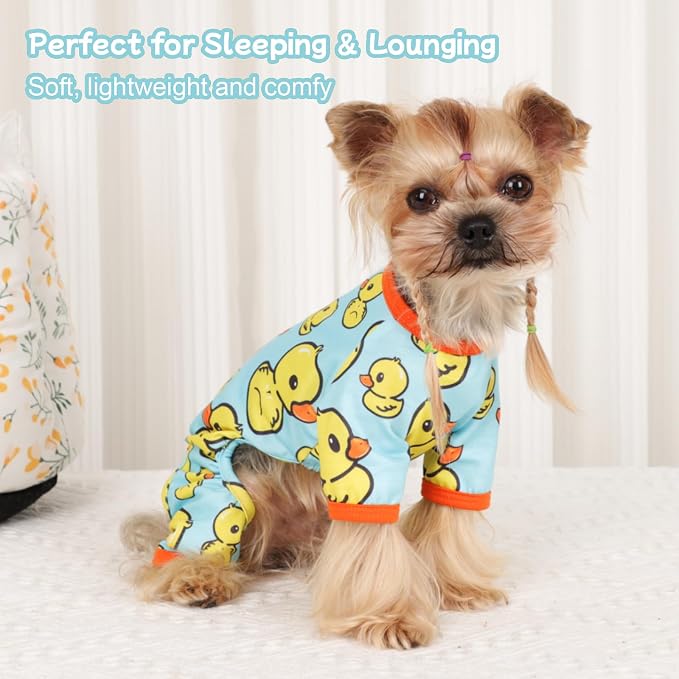 DaFuEn Dog Pajamas for Small Dogs, Soft Stretchy 4 Legs Puppy Jumpsuit, All Season Cozy Pet PJs for Chihuahua Yorkie Teacup Dogs, Cat Clothes (Blue Duck, L)