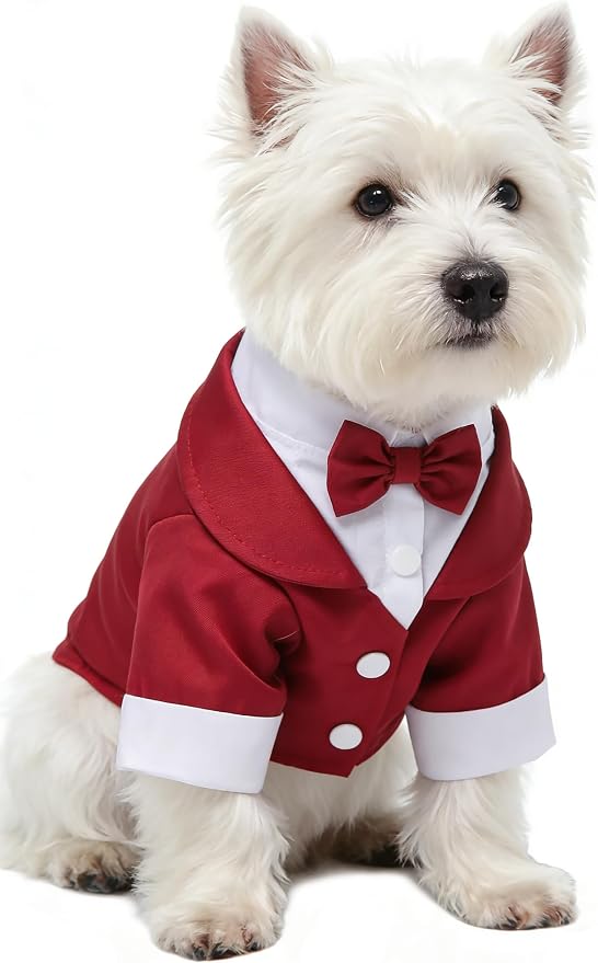 GabeFish Pets Wedding Jackets Suit for Dogs with Bow Tie Puppy Cat Formal Clothes Shirt Tuxedo (Red, XL (Chest 18.8in/48cm))