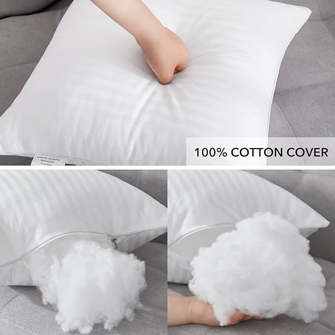 Oubonun 18 x 18 Throw Pillow Inserts Set of 4 | Firm and Fluffy Decorative Square Pillows for Couch Bed Sofa with Soft Cotton Cover White Cushion with Down Alternative