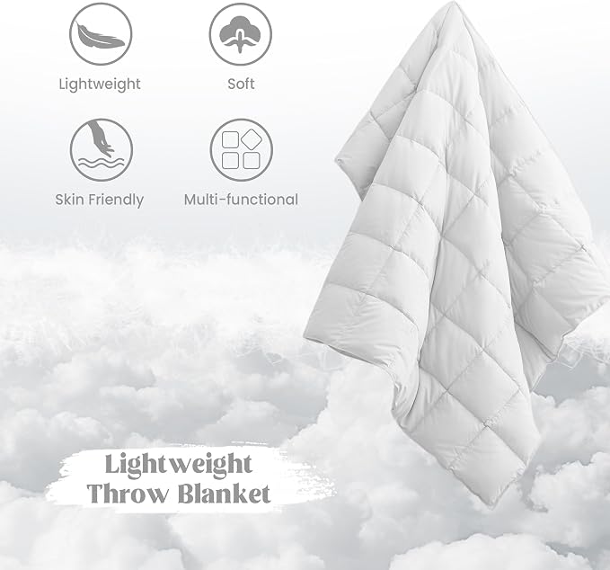 puredown® Soft Feather Down Throw Blanket Lightweight Packable Couch Throw for Indoor and Outdoor Use, Throw 50"X70", Pure White