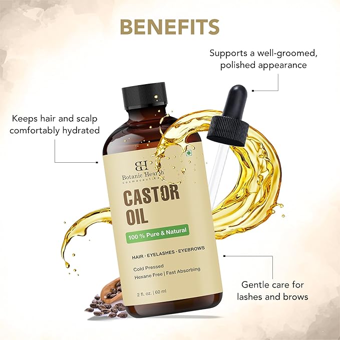 Botanic Hearth Castor Oil & Hair Treatment Oils| 100% Pure & Natural, Cold Pressed | 2 fl oz| For Hair, Eyelashes & Eyebrows | Hexane Free, Fast Absorbing | With Applicators & Dropper