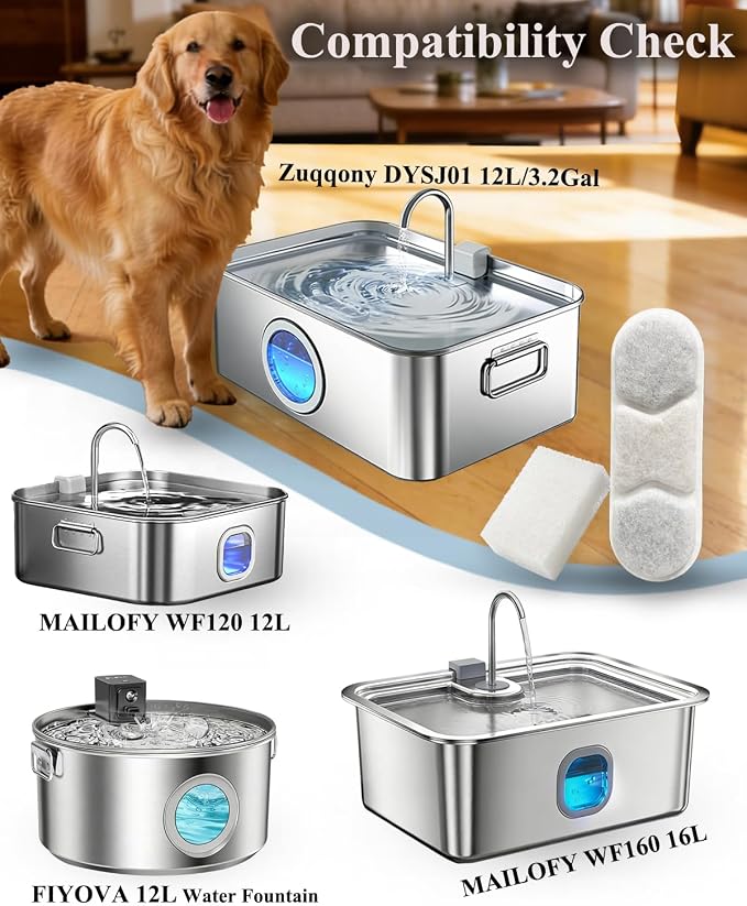 12-Pack Dog Water Fountain Filter fit Zuqqony DYSJ01 12L Pet Water Fountain | 12 packs for 6-12 months' supply ;Compatible with MAILOFY WF120 / WF160;Works with FIYOVA FW120 12L pet Fountain