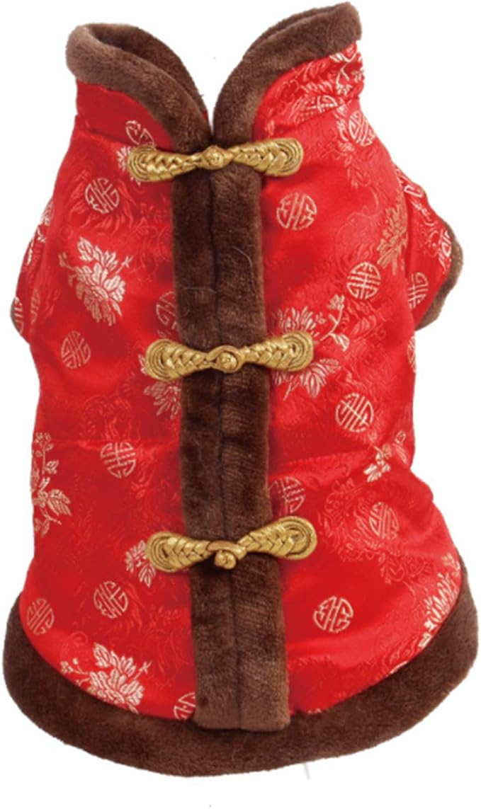 SEIS New Year Cat Knot Buttons Coat Dogs Cheongsam Winter Pet Clothes Vest Christmas Costume for Cats Teddy Bichon Small Medium Dogs (Brown, M (Chest Circumference 55cm/ 21.6"))