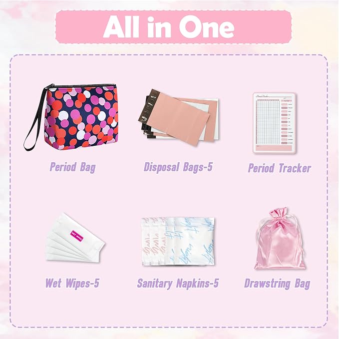 First Period Kit for Girls, Neoprene Cute Sanitary Napkin Storage Bag, Menstrual Pad Bag Tampon Holder for Purse, First Period Gifts for 9-12 (Dots)