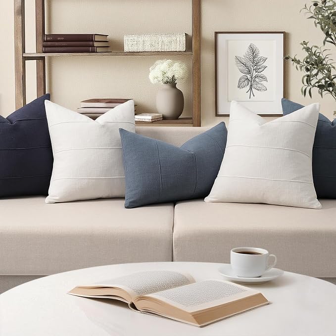 Decorative Linen Throw Pillow Covers 26x26 Set of 2 Solid handcrafted Striped Cushion Covers for Bed Soft Modern Farmhouse Neutral Pillowcase for Couch Bedroom Living Room Home Decor(Cream White)