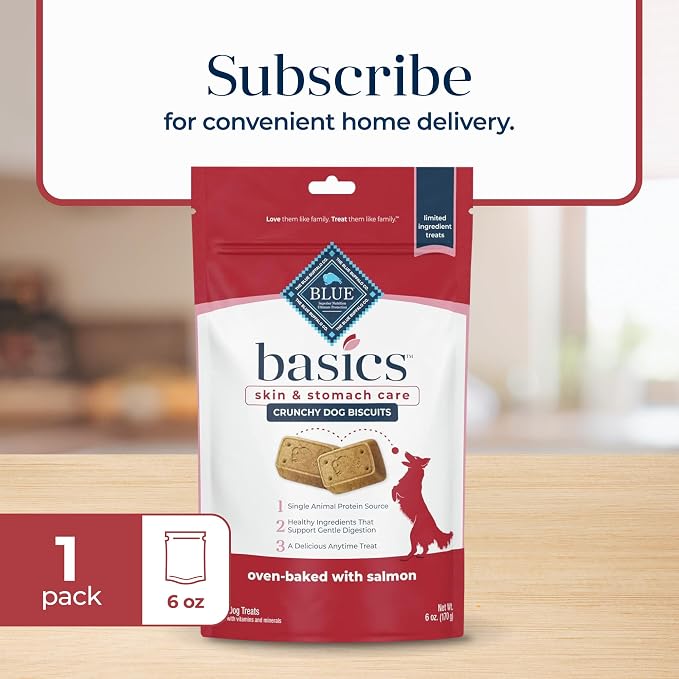 Blue Buffalo Basics Crunchy Dog Biscuits for Skin & Stomach Care, Limited Ingredient Diet Dog Treats, Salmon & Potato Recipe, 6-oz. Bag (Pack of 6)