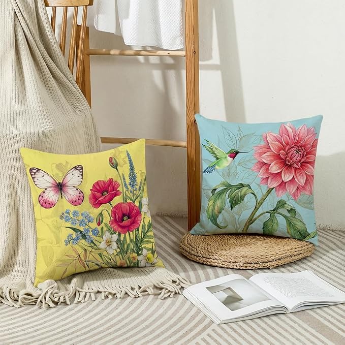 wyooxoo Spring Summer Pillow Covers 18x18 Set of 4 Decorative Throw Pillow Covers Linen Flower Butterfly Farmhouse Pillowcases for Sofa Couch Living Room Outdoor