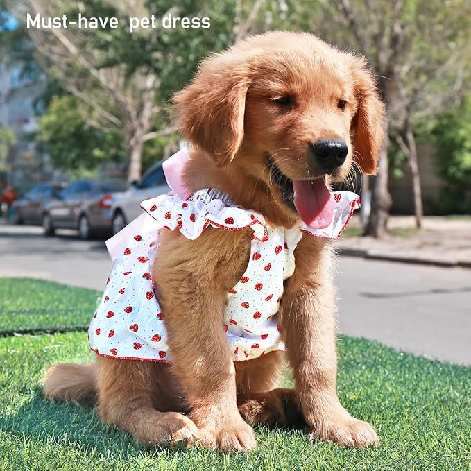 ANIAC Strawberry Dog Dress for Small Medium Dog Cotton Puppy Clothes Girl Dog Princess Dress Sleeveless Cat Outfit Bow Summer Pet Clothing (Strawberry, Large)