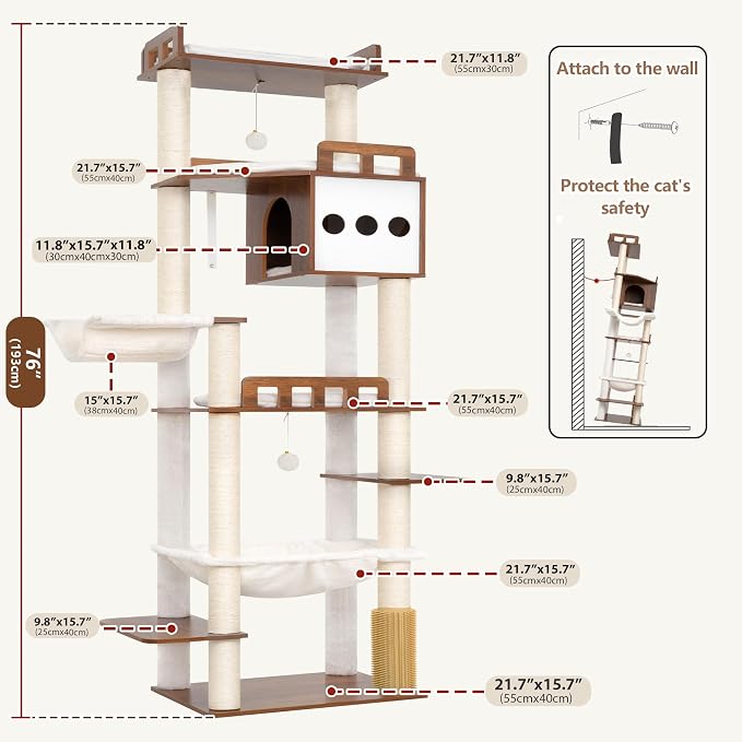 Modern Cat Tree, 76'' Tall Cat Tower - 3 Big Platform GCT103EB