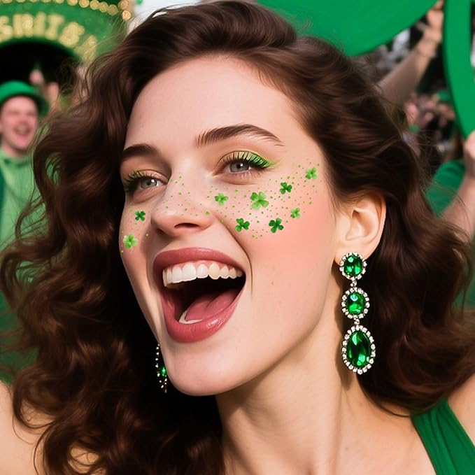 St. Patrick's Day Temporary Tattoos - Glitter Green Lucky Clover Freckle Tattoos, Shamrock Face & Body Decals for Irish Party, Festival Makeup, Kids & Adults (6 Sheets, Waterproof)