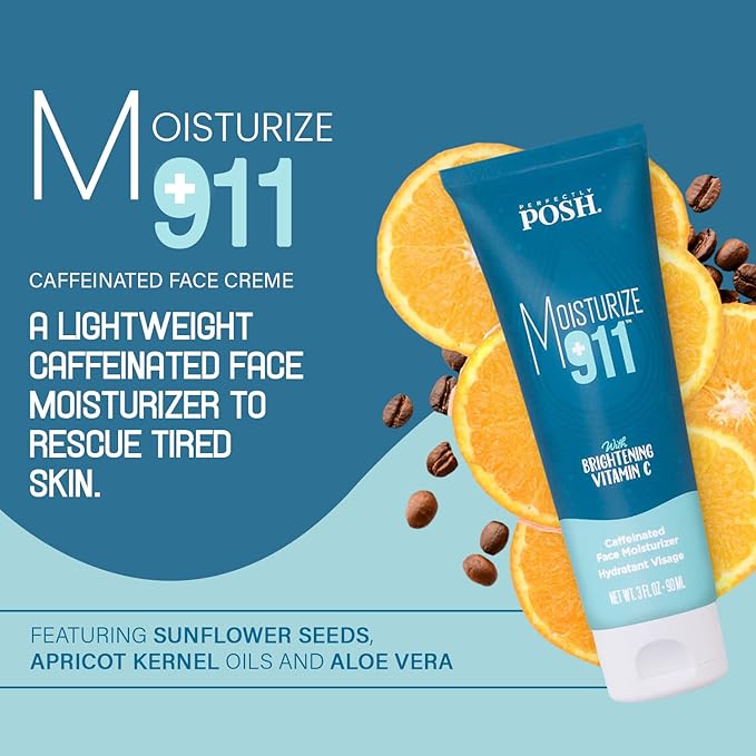 Perfectly Posh - Moisturize 911 Caffeinated Face Moisturizer - With Caffeine & Hyaluronic Acid, Lightweight Facial Cream, Orange Scent - 90ml