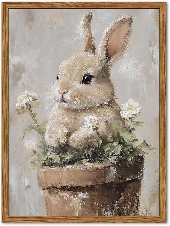 Framed Vintage Easter Bunny Wall Art, Cute Cottagecore Rabbit Floral Pictures Wall Decor, Spring Farmhouse Animal Paintings Prints Rustic Home Decor for Living Room Bedroom Nursery 12x16 inch