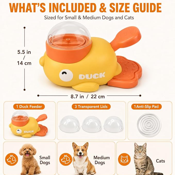 Interactive Dog Puzzle Toy, Cute Duck Treat Dispenser with Anti-Slip Pad, Press-Type Slow Feeder for IQ Training & Boredom Relief, Mental Enrichment for Small Medium Dogs & Cats (Yellow)