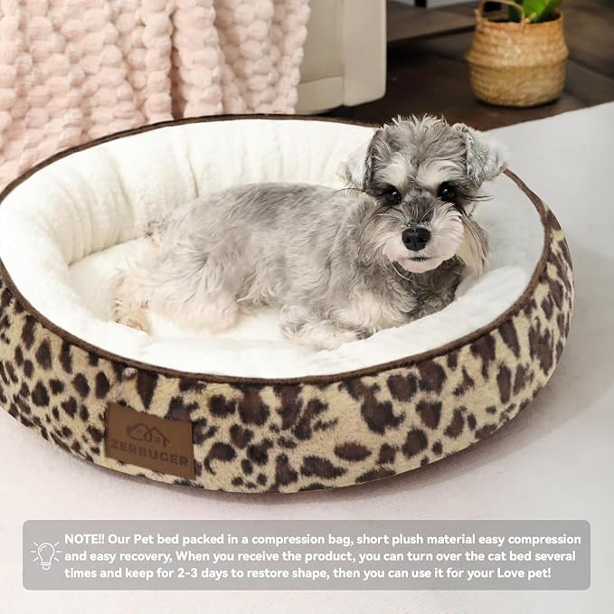 Zerbuger 20in Leopard Round Dog Bed Sofa for Dogs Cats, Machine Washable | for Small/Medium/Large Dogs Cats, Foam Pet Couch with Removable Mat Non-Slip Bottom, Pet Cuddler for Indoor/Outdoor/Car/Cage