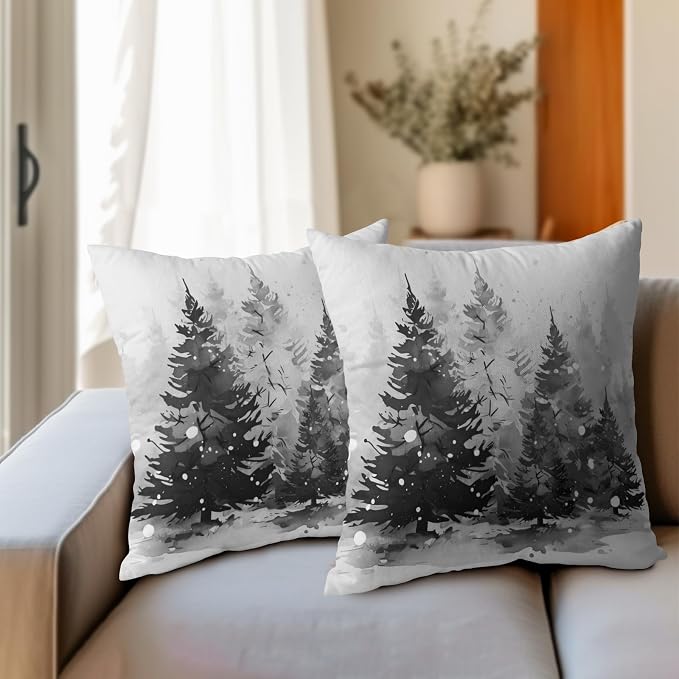 Kawani Winter Trees Throw Pillow Covers 22x22 Inch Set of 2 Grey Pine Tree Snow Forest Square Pillowcase Cotton Linen Cushion Cover for Couch Sofa Room Indoor Outdoor Holiday Decor