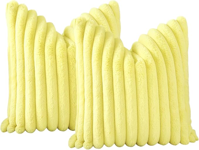 Soleebee Set of 2 Throw Pillow Covers Soft Cozy Velvet Pillowcase Faux Rabbit Fur Cover for Couch Sofa Bed Chair Home Decorative Pillows Cover (24x24 Inch, Lemon Yellow)