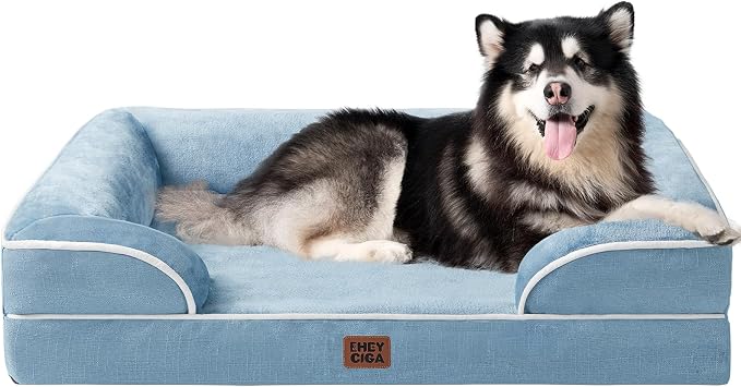EHEYCIGA Orthopedic XXL Dog Bed, Waterproof Washable XL Big Pet Bed 48" | Non-Slip Bottom and Egg-Crate Memory Foam Extra Large Pet Couch Bed with Washable Removable Cover, Washed Blue