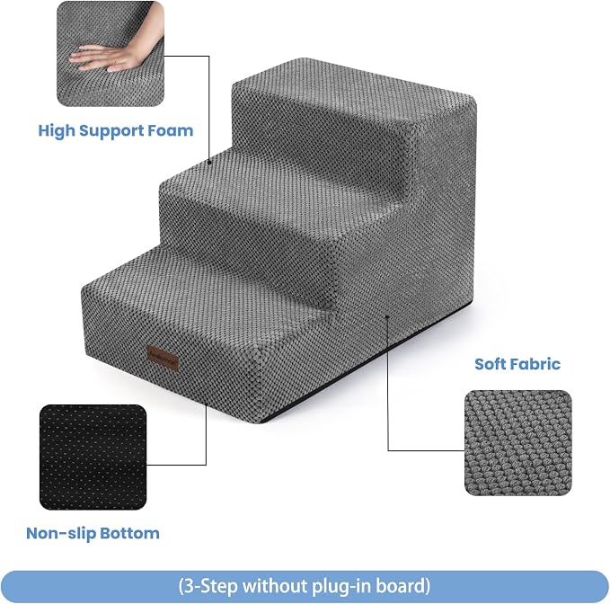 Aodisman Dog Stairs for Small Dogs,Wider 3-Step Pet Steps for Couch & Bed | High-Density Foam Dog Steps with Anti-Slip Bottom,Easy for Puppies,Older Cats & Dogs to Reach Sofas & Chairs,Grey,15.7" H