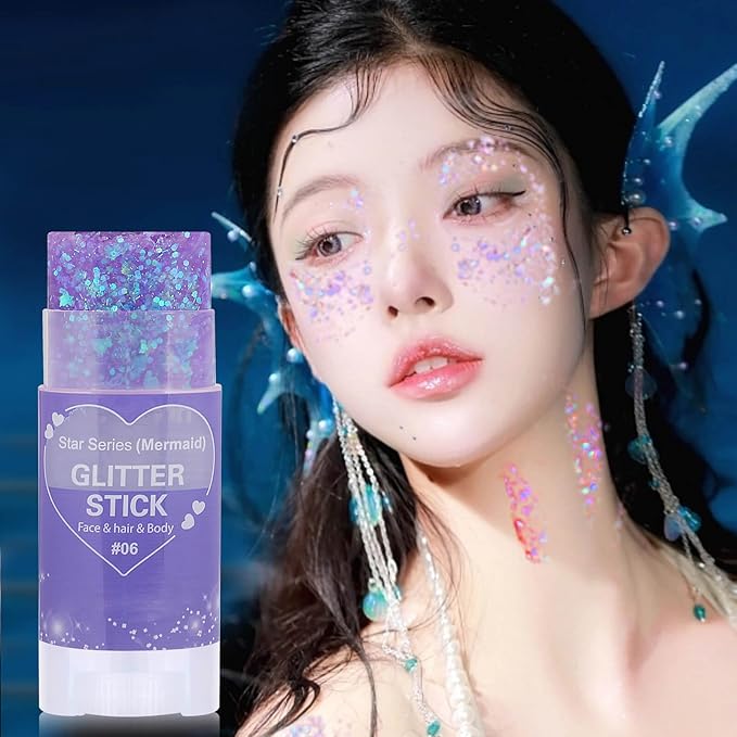 Purple Hair Glitter Stick,Halloween Body Face Glitter Makeup,Mermaid Costume Waterproof Singer Concert Outfits for Women,Mardi Gras Accessories Chunky Glitter Sequins Body Paint for Carnival
